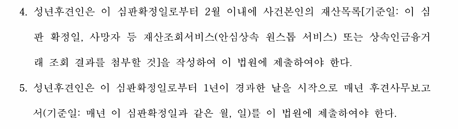 개인정보를 가린 성년후견 심판 주문 — 제출·보고 의무