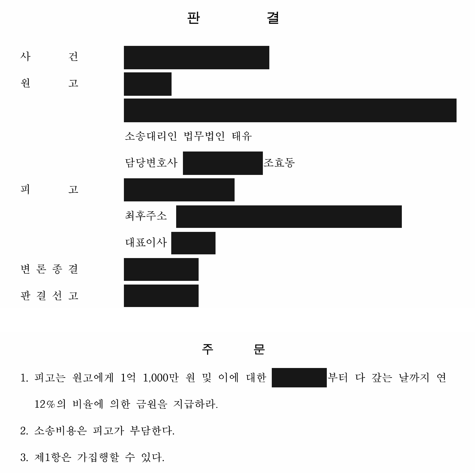 개인정보를 가린 보증금 1억 1천만원 지급 판결 주문1