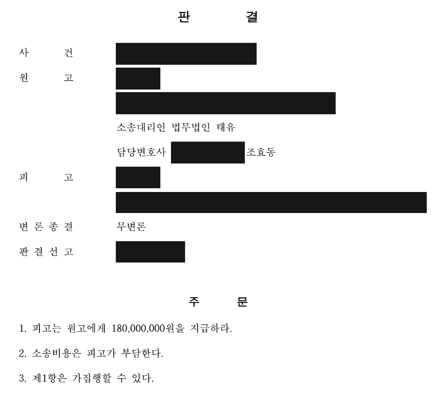개인정보를 가린 보증금 1억 8천만원 지급 판결 주문1