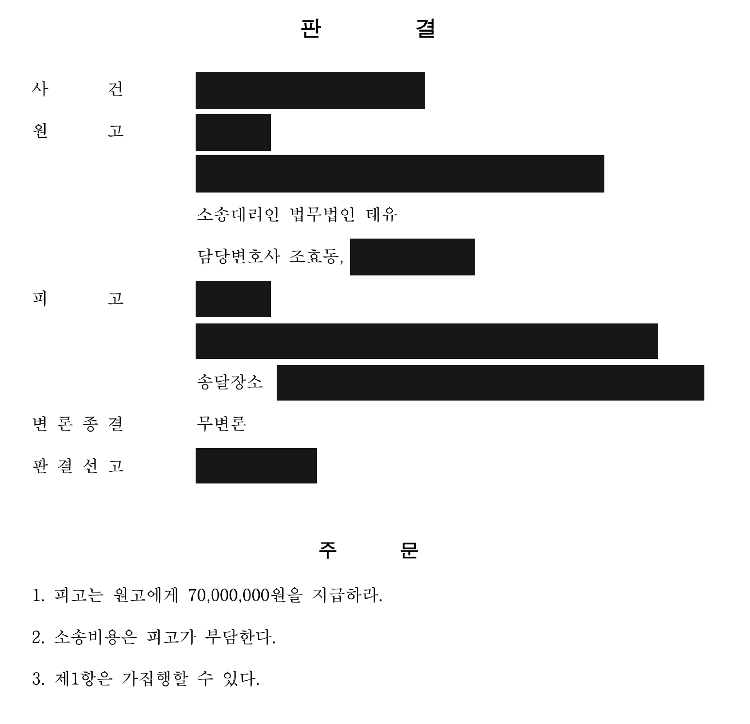 개인정보를 가린 보증금 7천만원 지급 판결 주문1