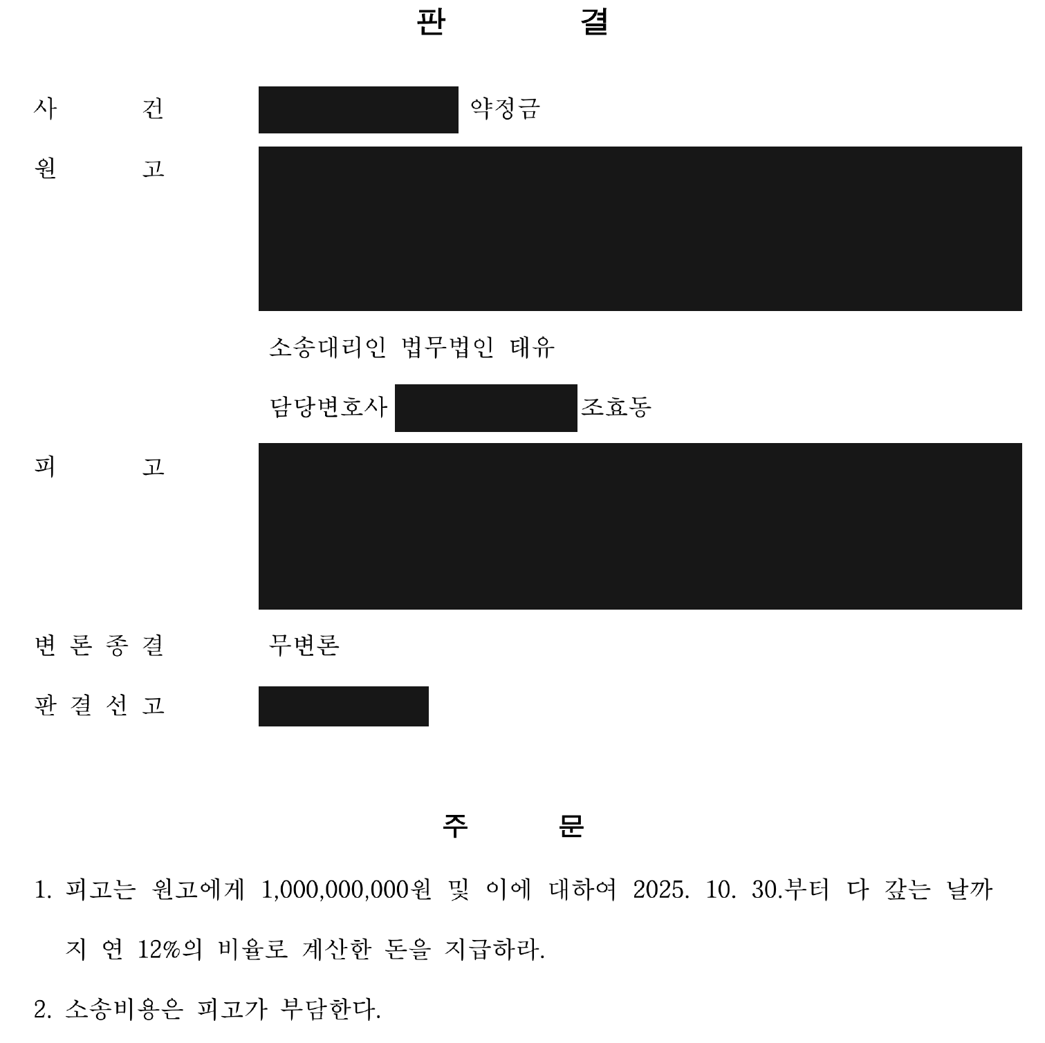 익명 약정금 무변론 판결 지급과 비용 주문