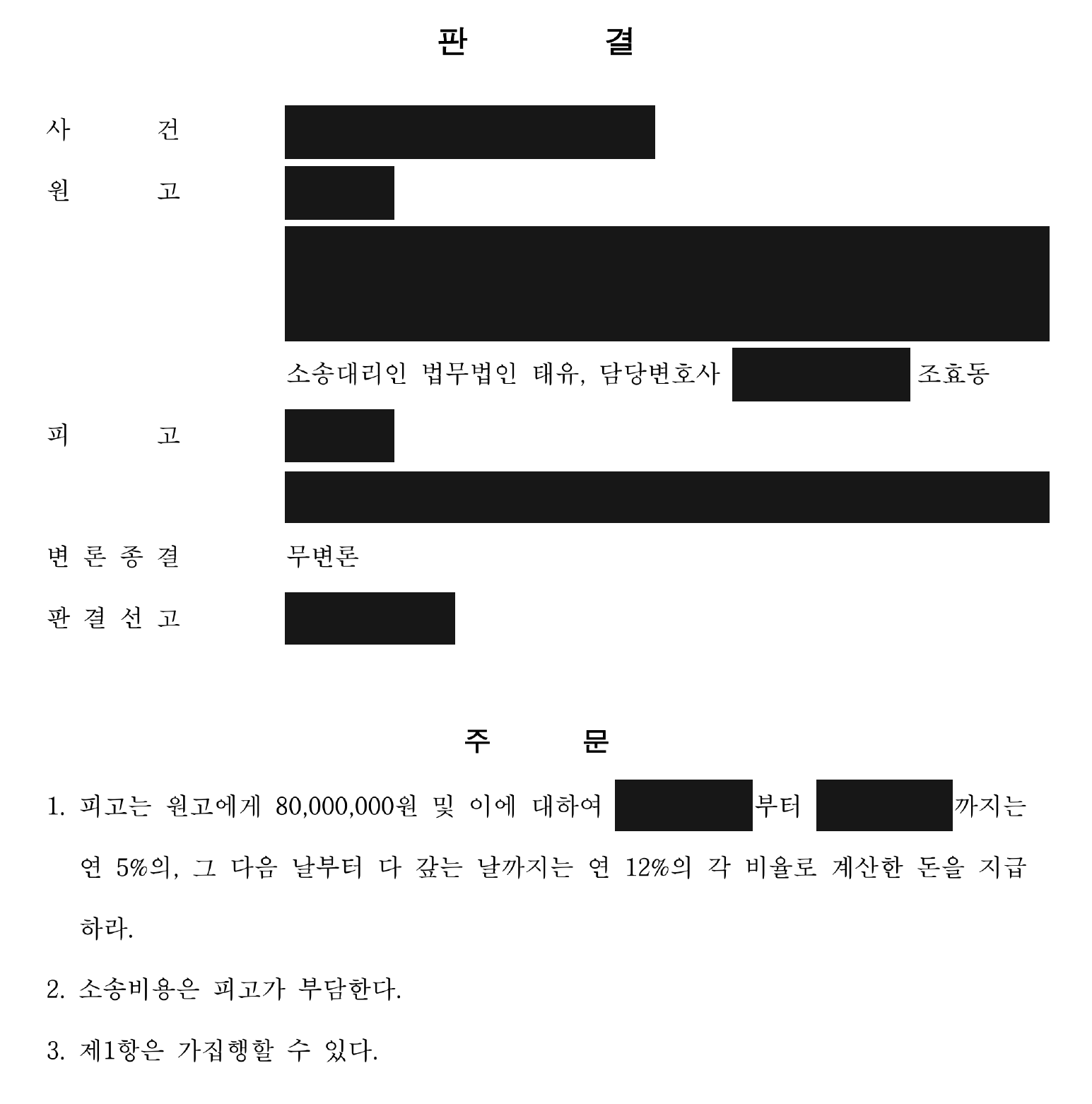 개인정보를 가린 보증금 8,000만원·지연손해금 지급 판결 주문1