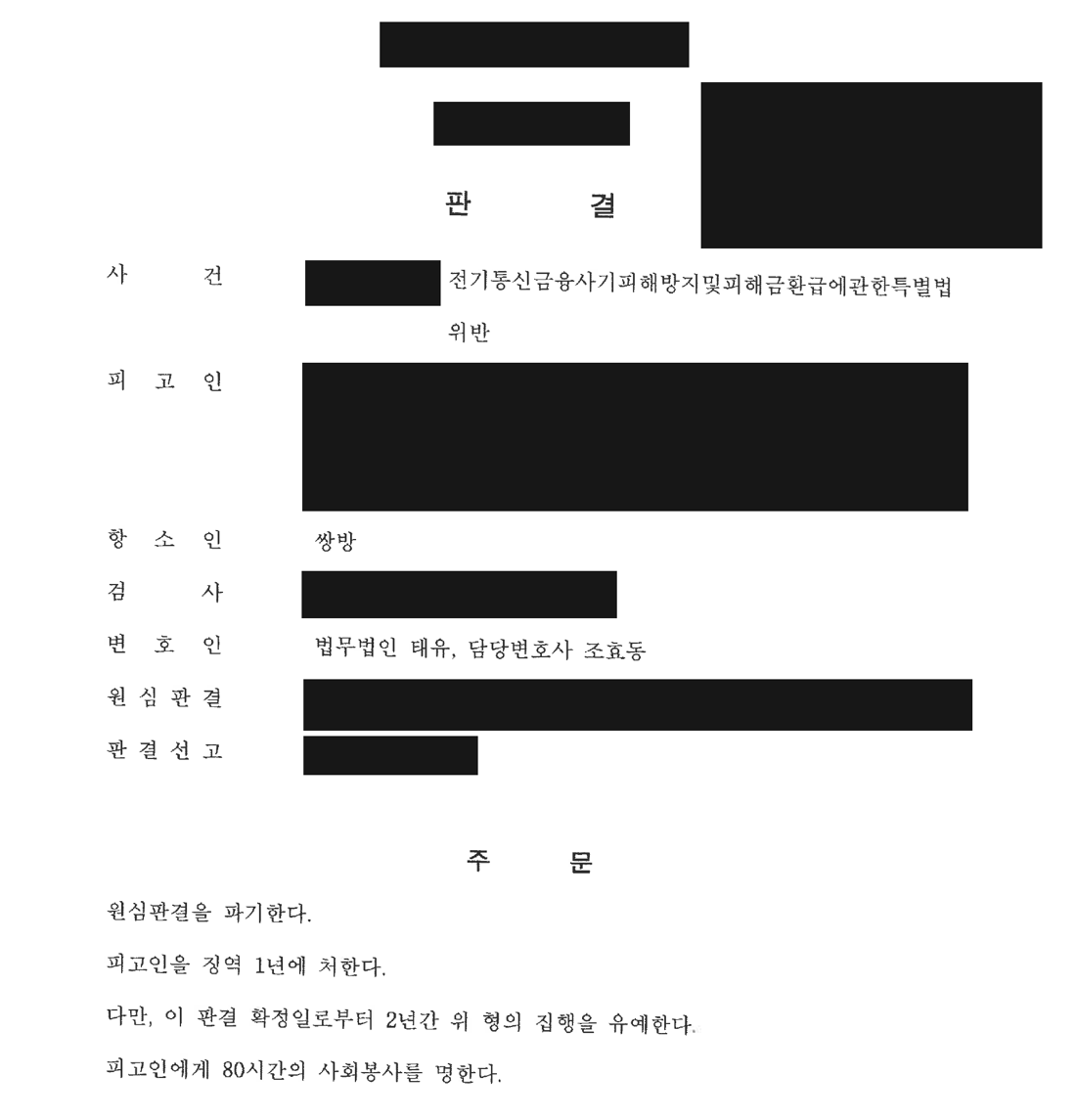 개인정보를 가린 항소심 주문. 원심 파기, 징역 1년, 집행유예 2년과 사회봉사 80시간.
