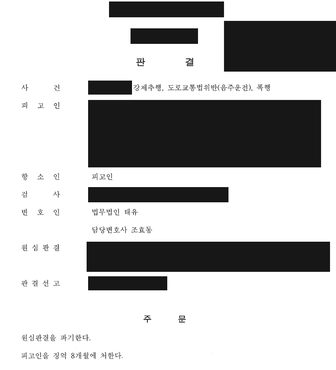 개인정보를 가린 형사 판결문의 선고형 및 부가 명령
