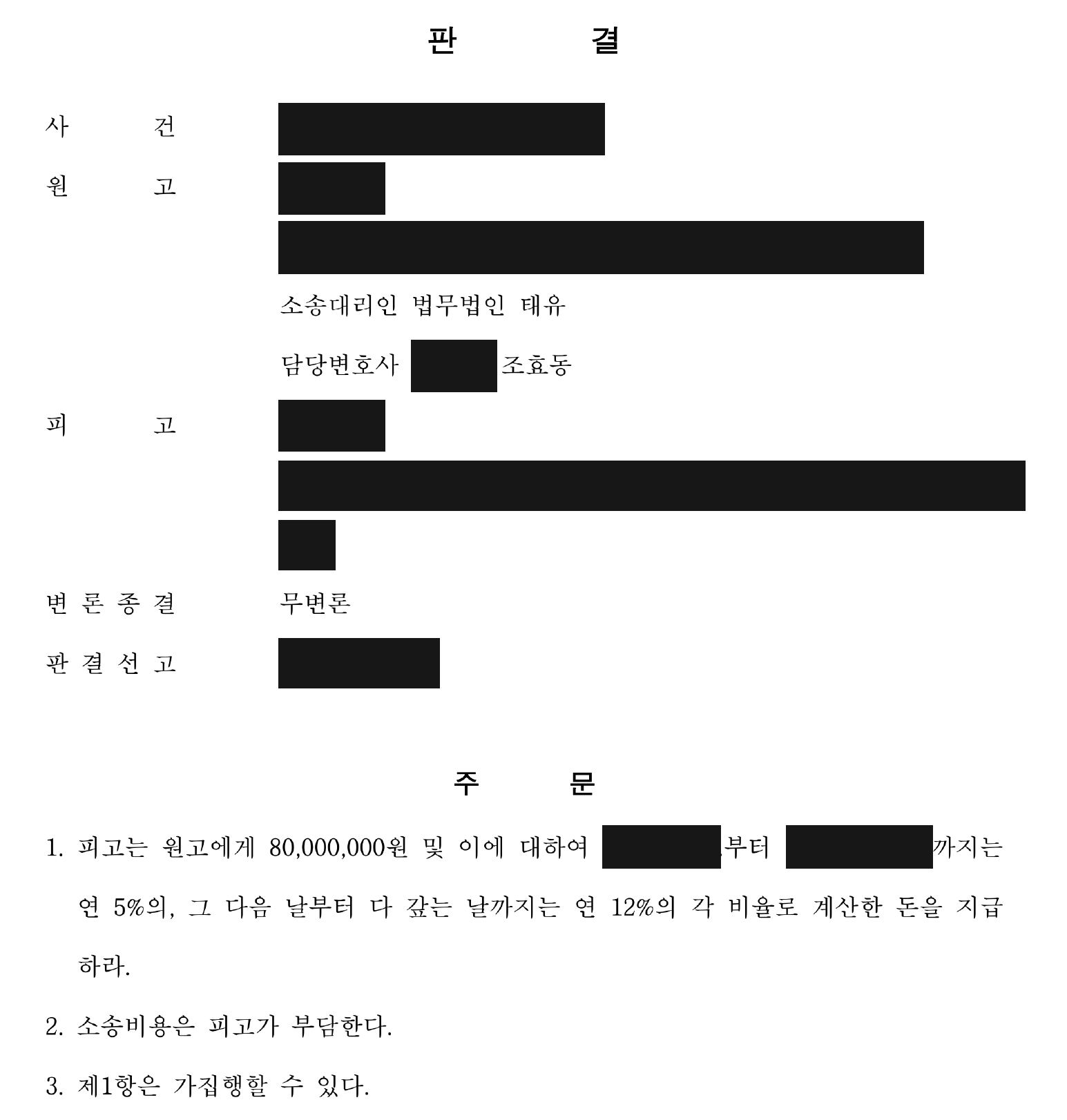 개인정보를 가린 보증금 8천만원 지급 판결 주문1