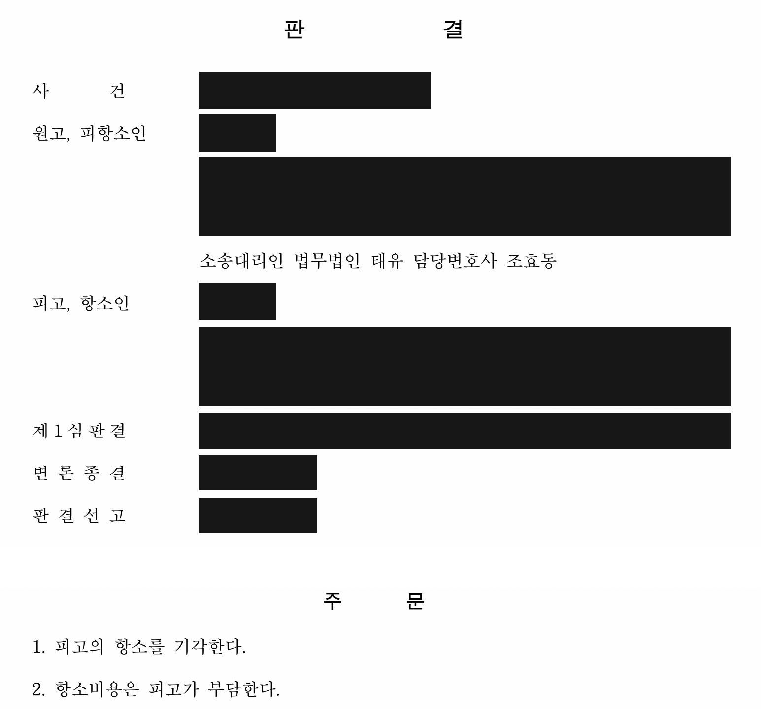 개인정보를 가린 항소심 항소 기각 주문
