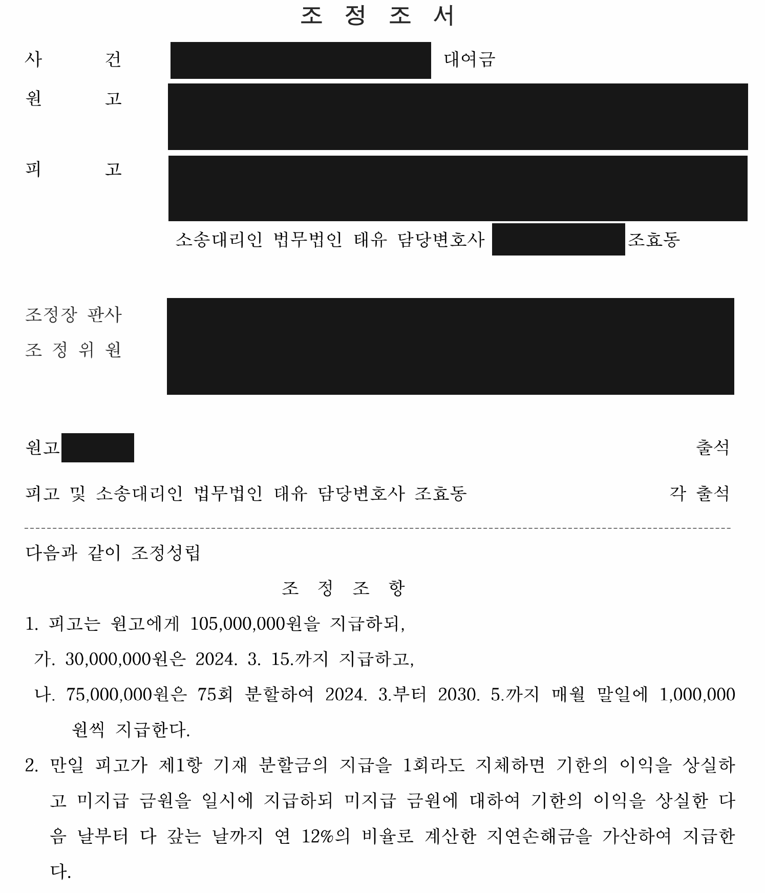 익명 대여금 방어 조정조서 지급액·분할 일정·연체 조건