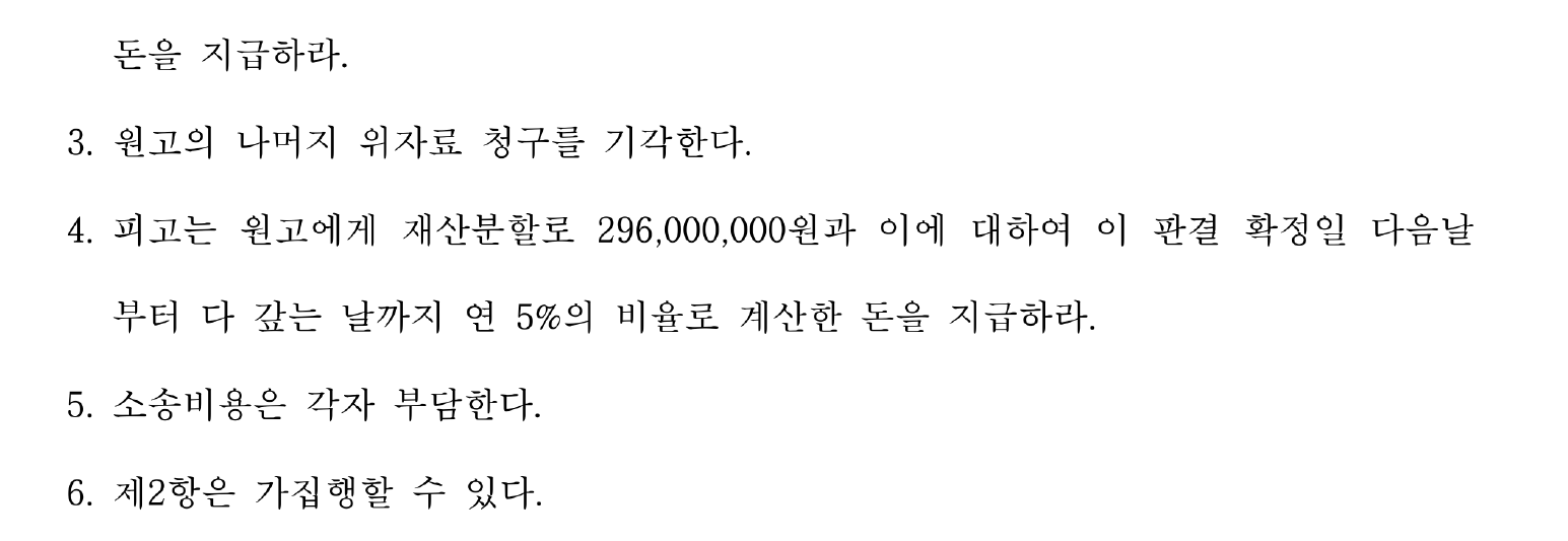개인정보를 가린 이혼·재산분할금 2억9,600만원 판결 주문2