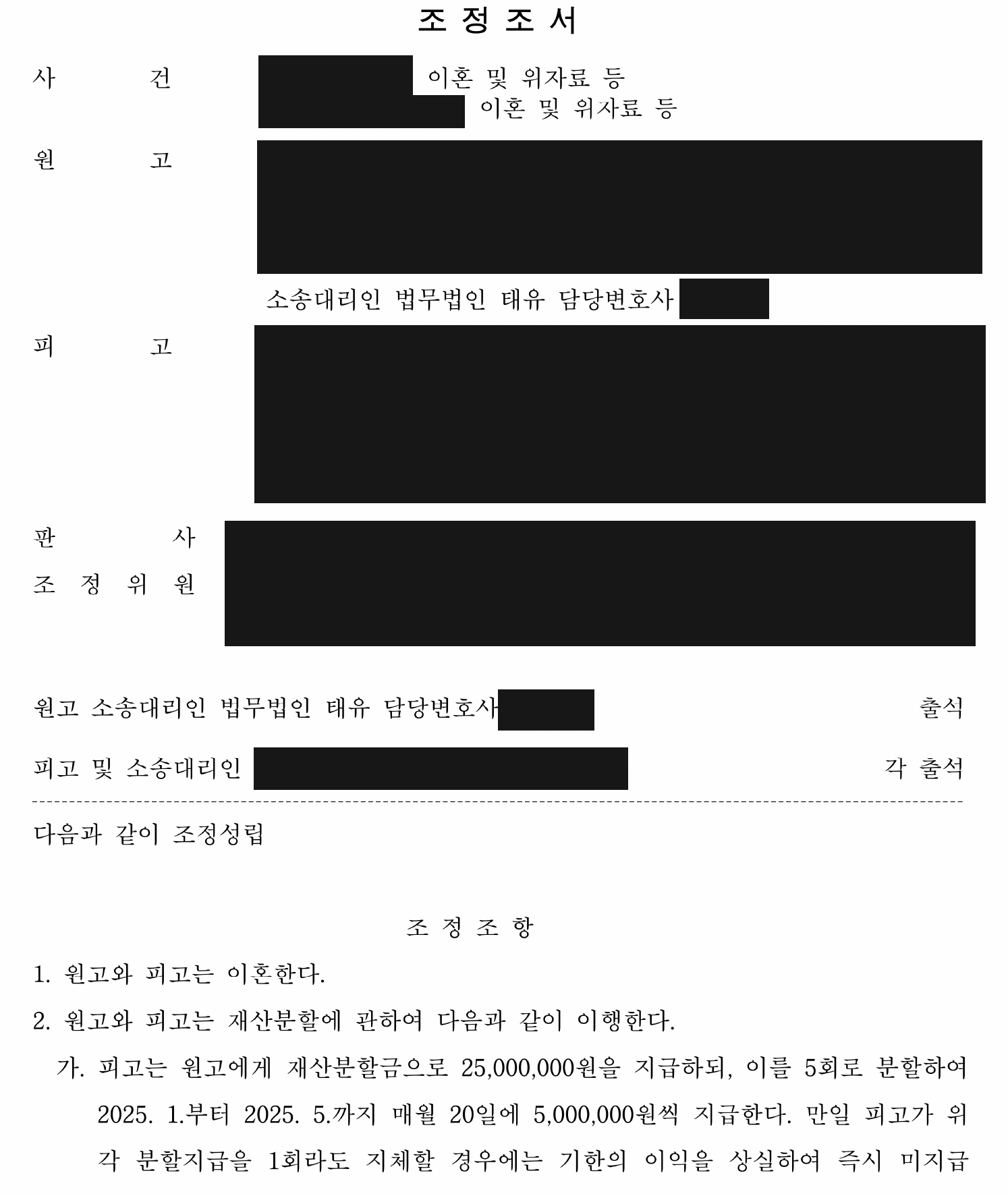 익명 이혼 조정조서 이혼 및 재산분할금 분할 지급