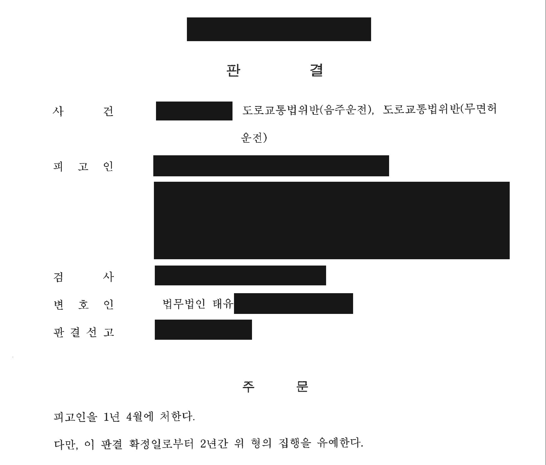 개인정보를 가린 음주·무면허운전 사건의 집행유예 판결 주문