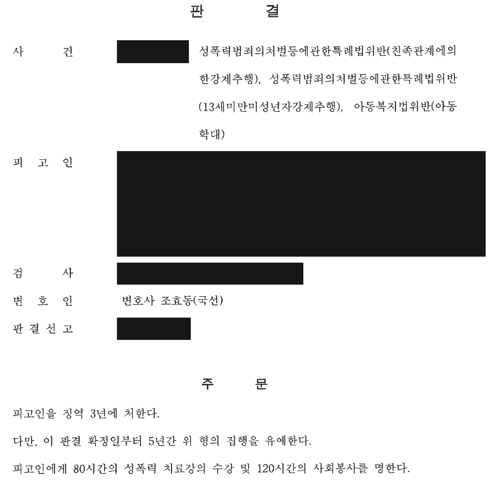 익명 친족 성범죄·아동학대 사건 형·수강·사회봉사 주문