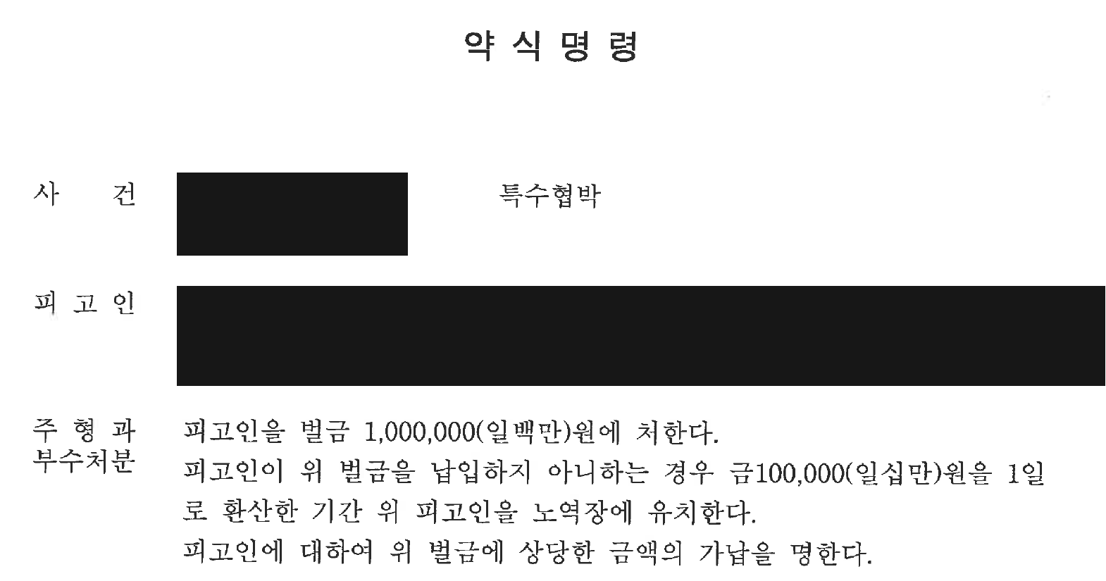 개인정보를 가린 특수협박 벌금 100만 원 약식명령