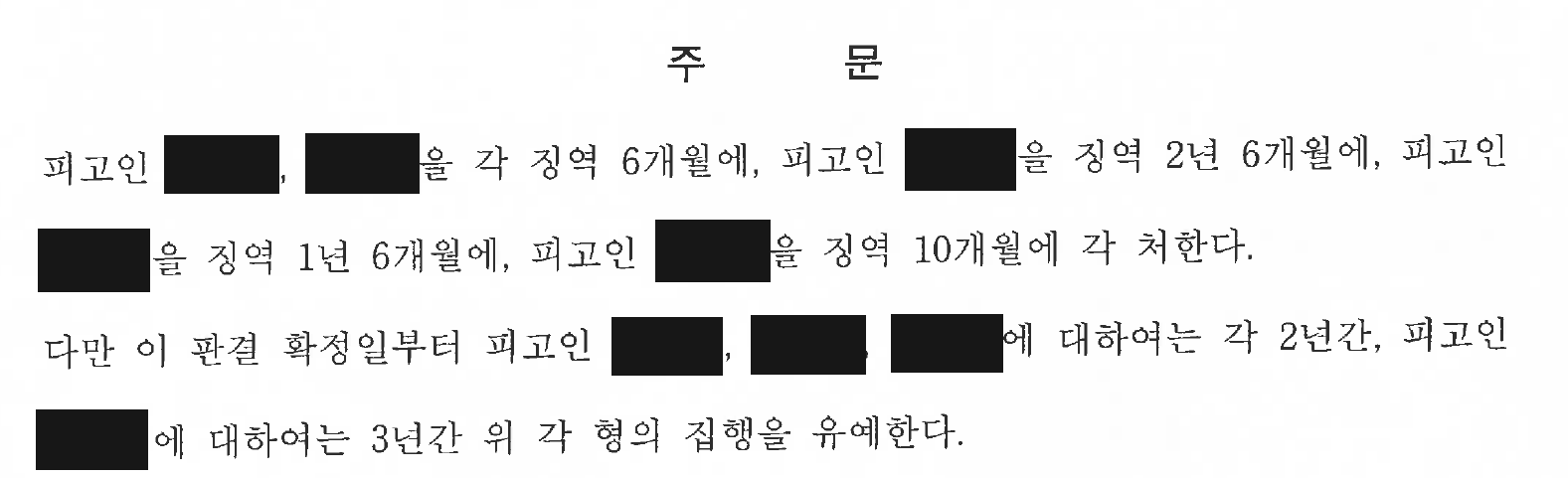 이름을 가린 병합사건 피고인별 형량과 집행유예 주문