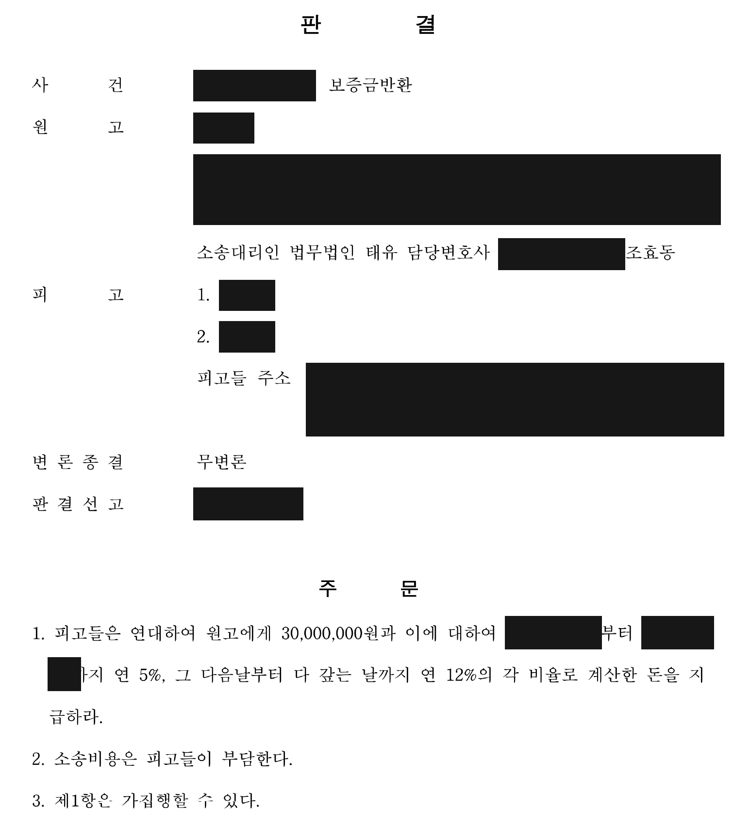 개인정보를 가린 보증금 3,000만 원 연대반환 판결문