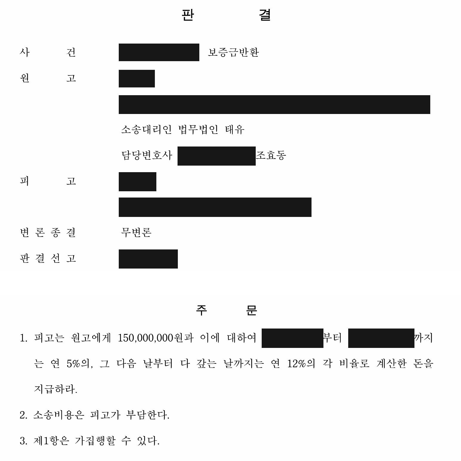 개인정보를 가린 보증금 1억 5천만원 지급 판결 주문