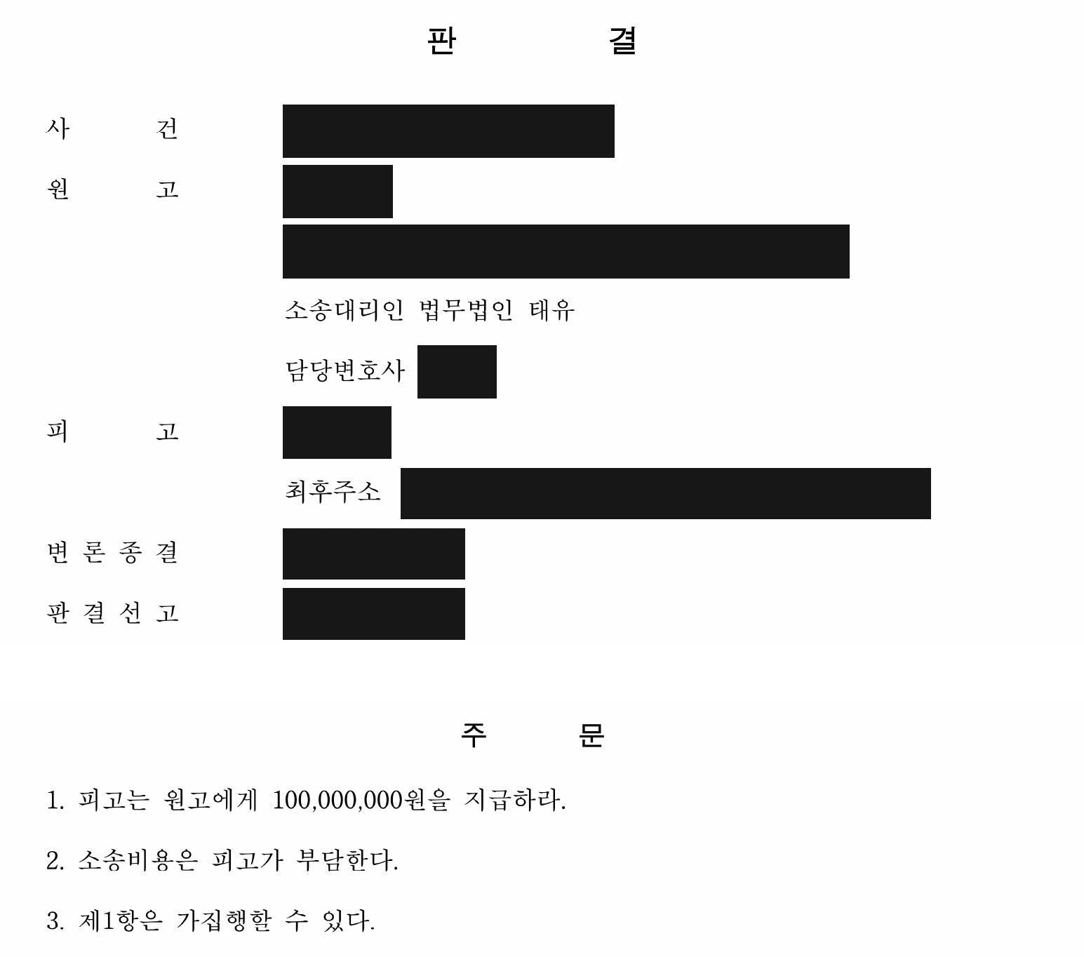 개인정보를 가린 보증금 1억원 지급 판결 주문1