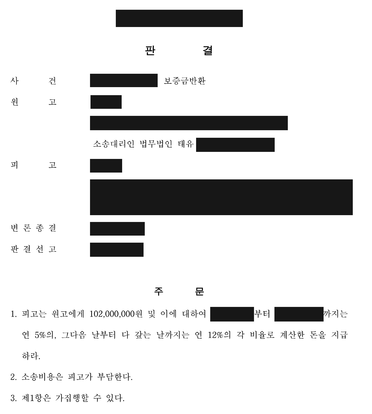 개인정보를 가린 보증금 1억 200만원 및 지연손해금 지급 판결 주문