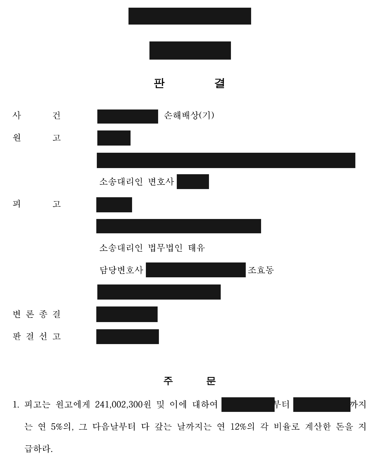 개인정보를 가린 동업 정산금 판결문의 지급 주문