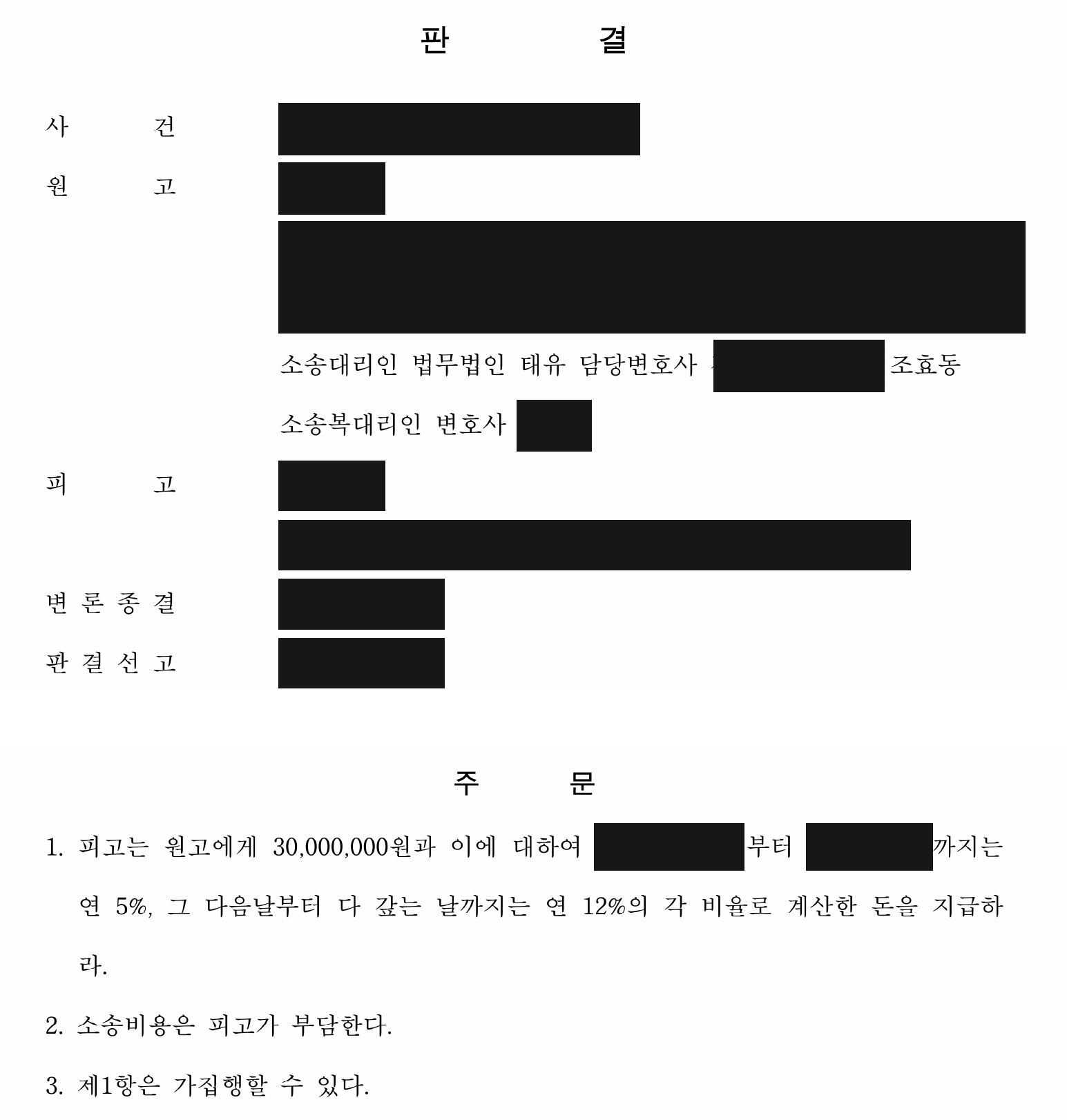개인정보를 가린 보증금 3,000만원·지연손해금 지급 판결 주문1