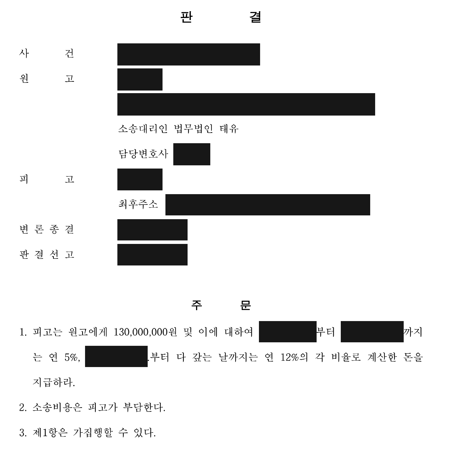 개인정보를 가린 보증금 1억 3천만원·지연손해금 지급 판결 주문1