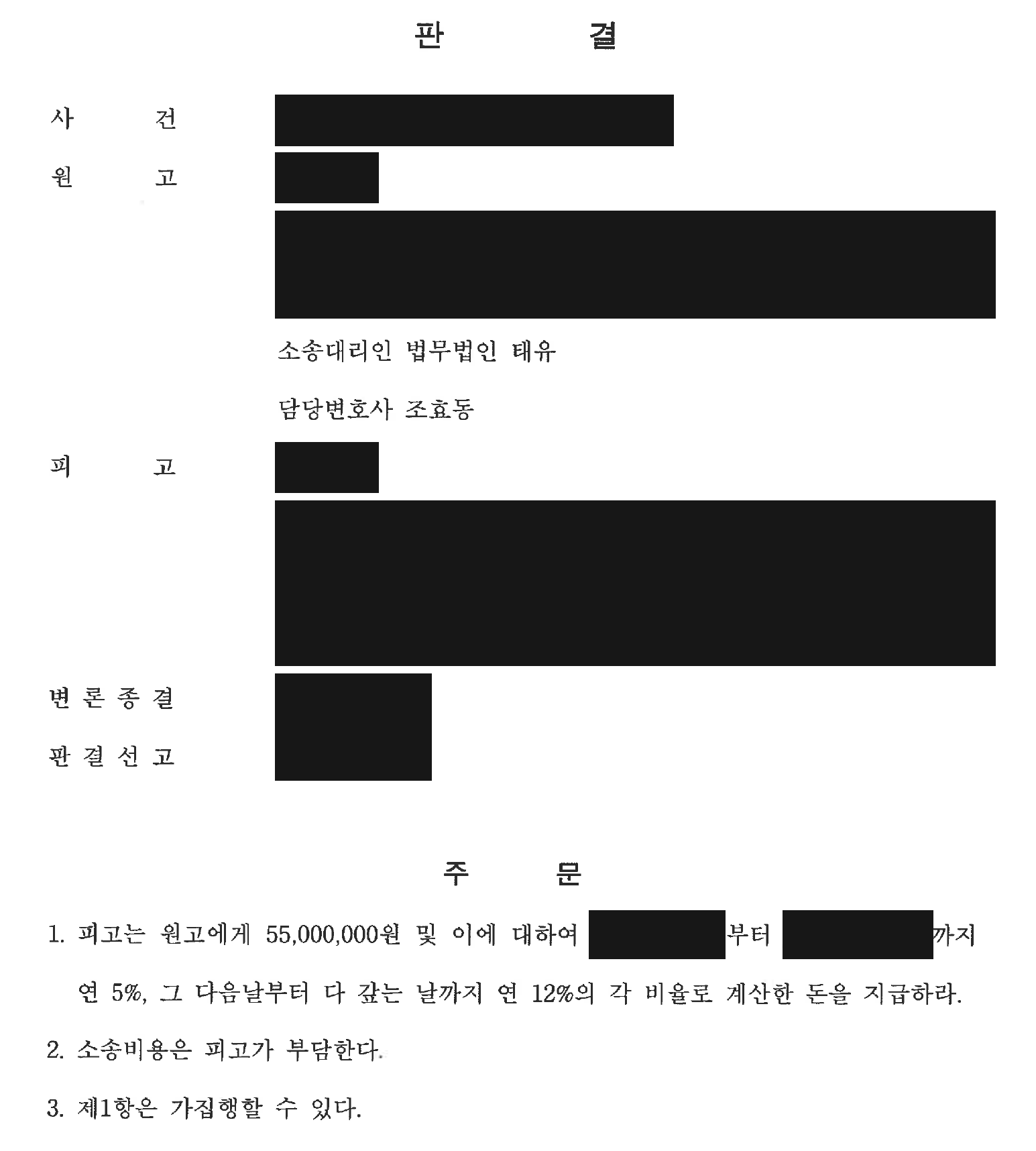 개인정보를 가린 남은 보증금 5,500만원 지급 판결 주문1