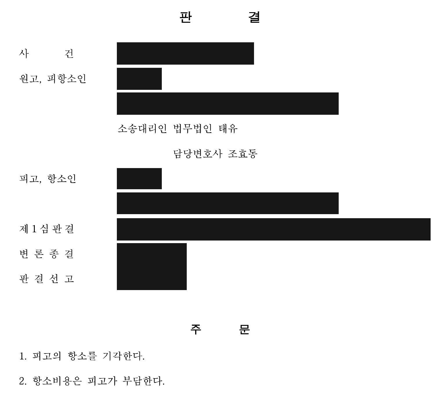 개인정보를 가린 항소심 항소 기각 주문