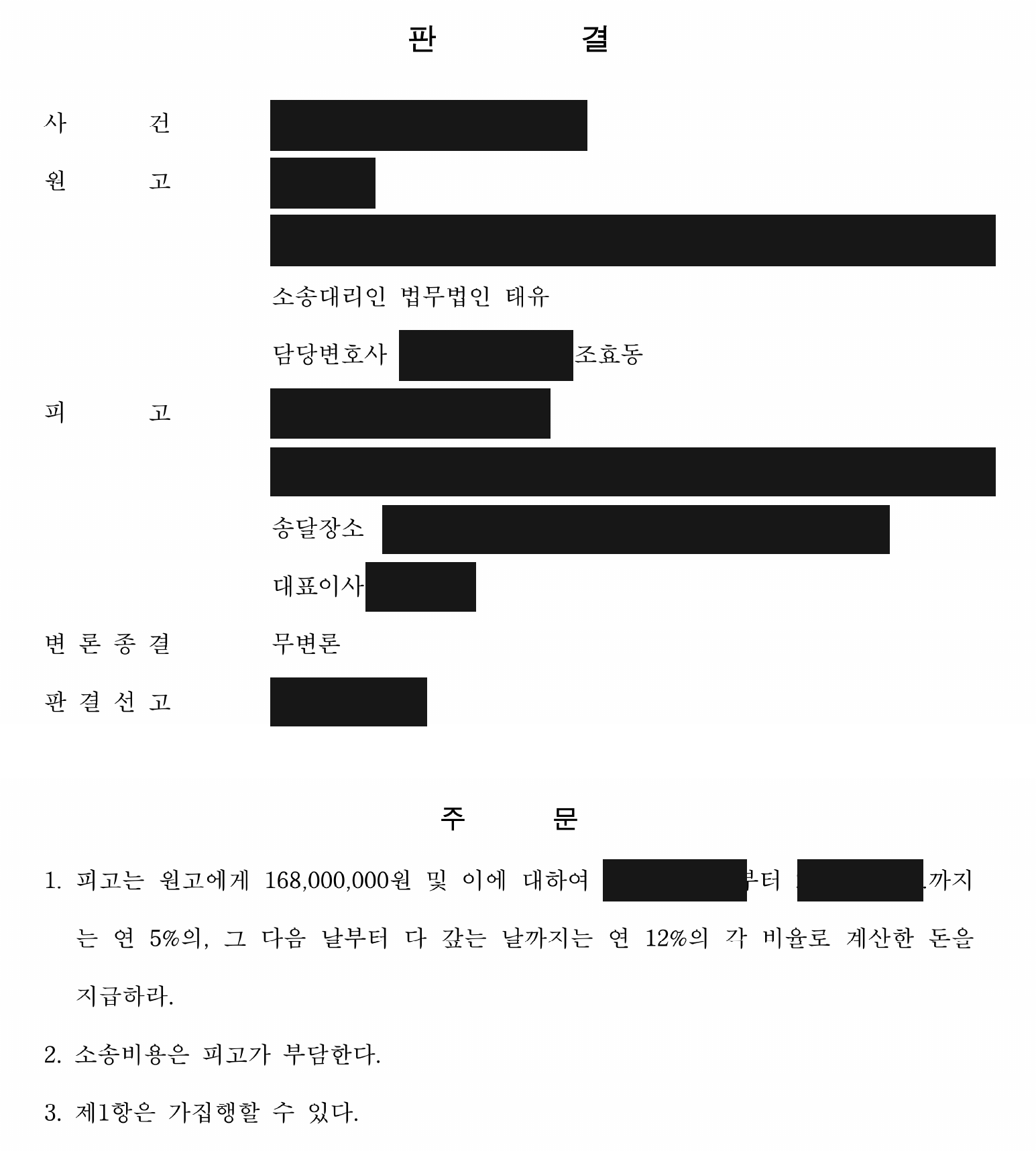 개인정보를 가린 보증금 1억 6,800만원 지급 판결 주문1