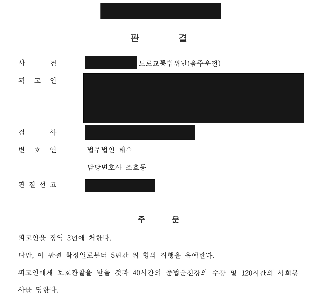 개인정보를 가린 형사 판결문의 선고형 및 부가 명령