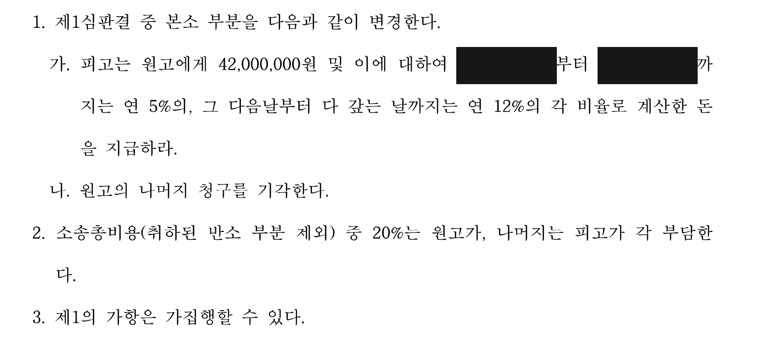 개인정보를 가린 항소심 4,200만원 반환 판결 주문2