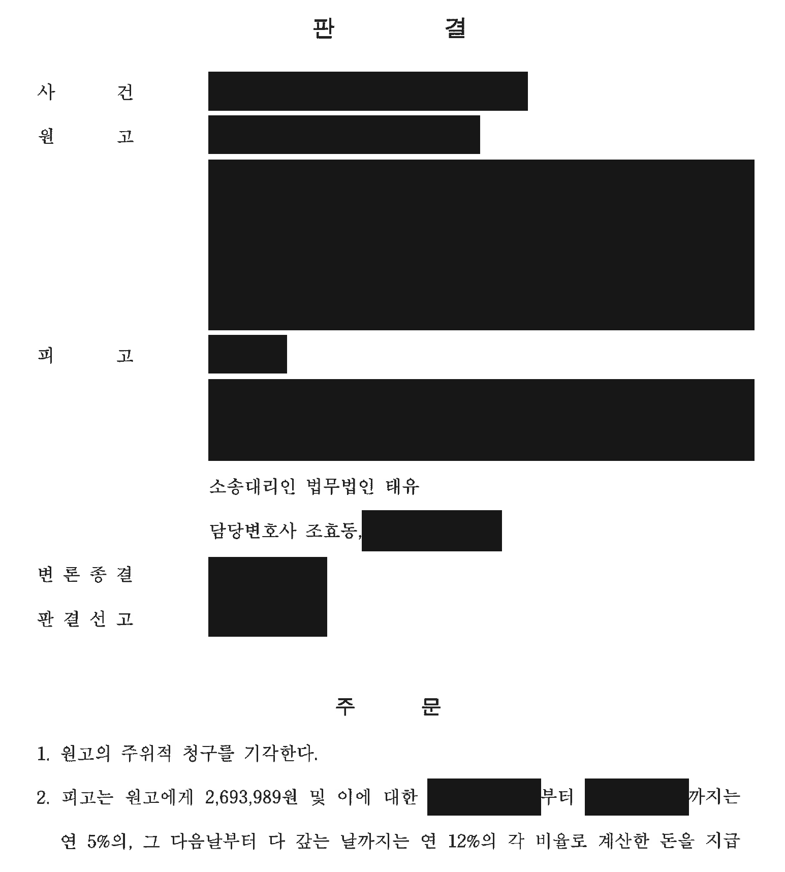 개인정보를 가린 1,000만원 주위 청구 기각 판결 주문1