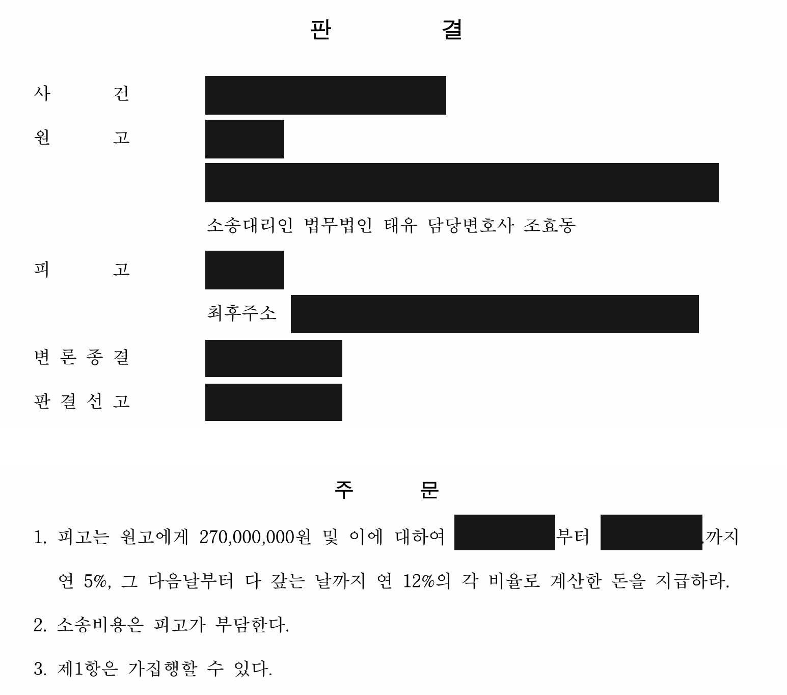 개인정보를 가린 보증금 2억 7천만원 지급 판결 주문1