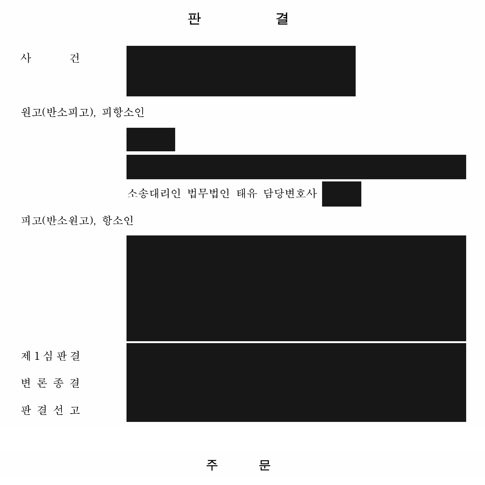 개인정보를 가린 계약 해제 확인·반소 기각 판결 주문1