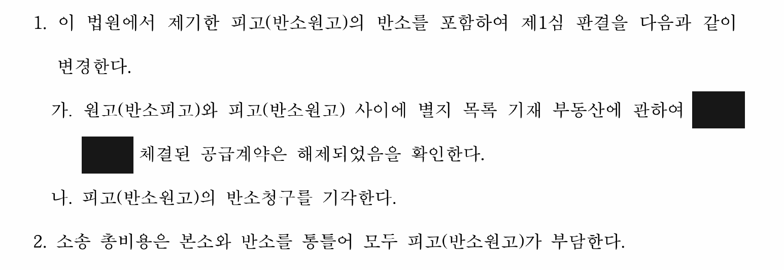 개인정보를 가린 계약 해제 확인·반소 기각 판결 주문2