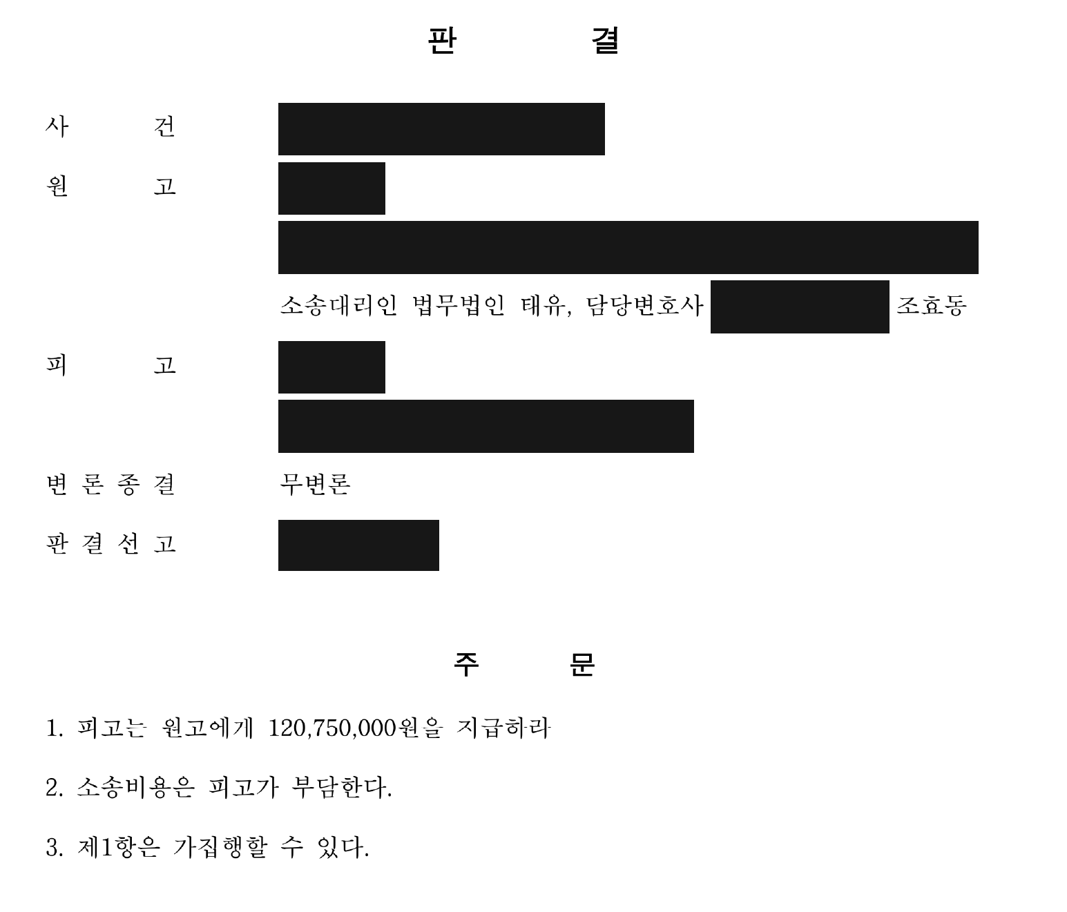 개인정보를 가린 보증금 1억 2,075만원 지급 판결 주문1