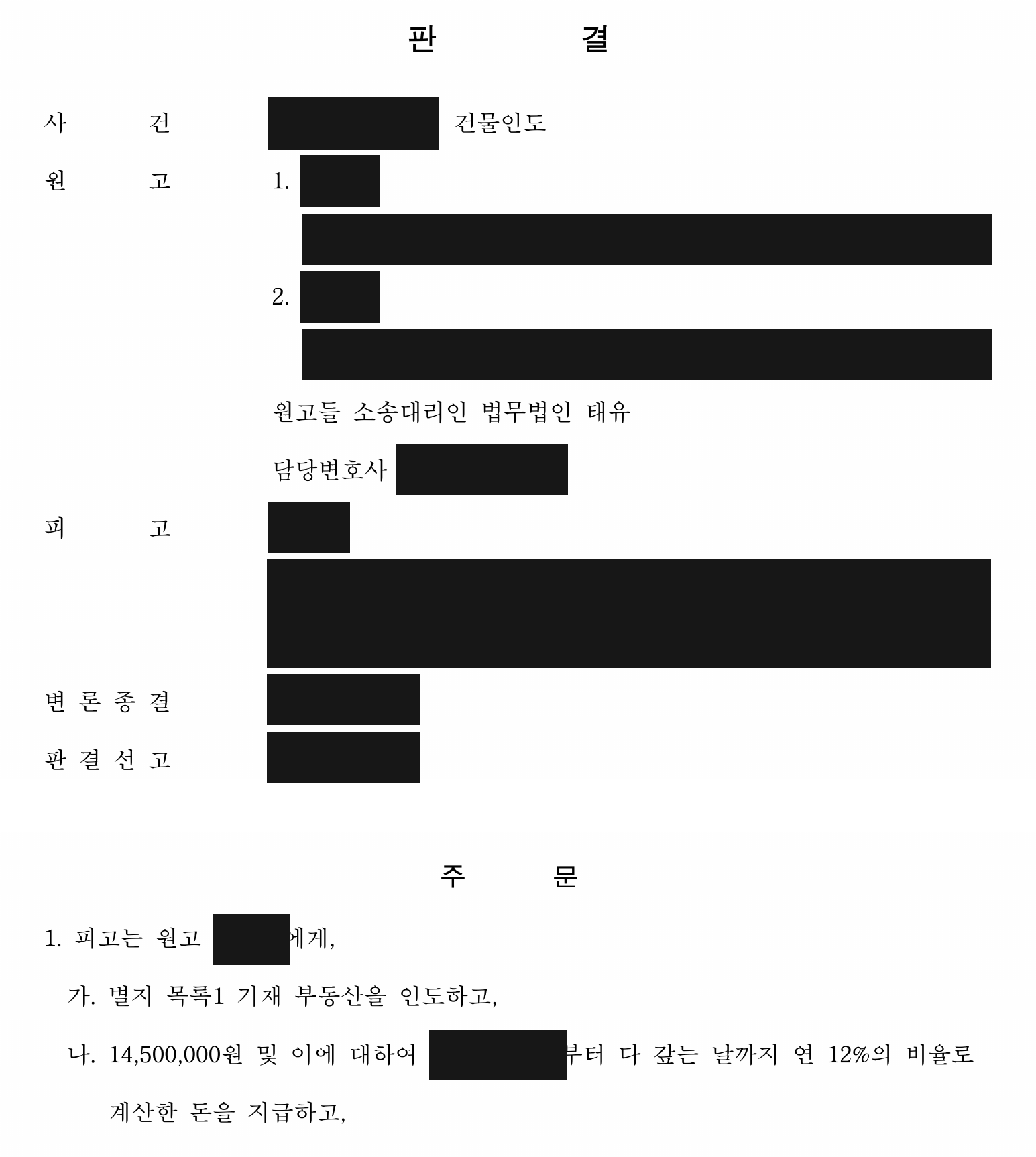 개인정보를 가린 두 상가 인도·소유자별 금원 지급 판결 주문1