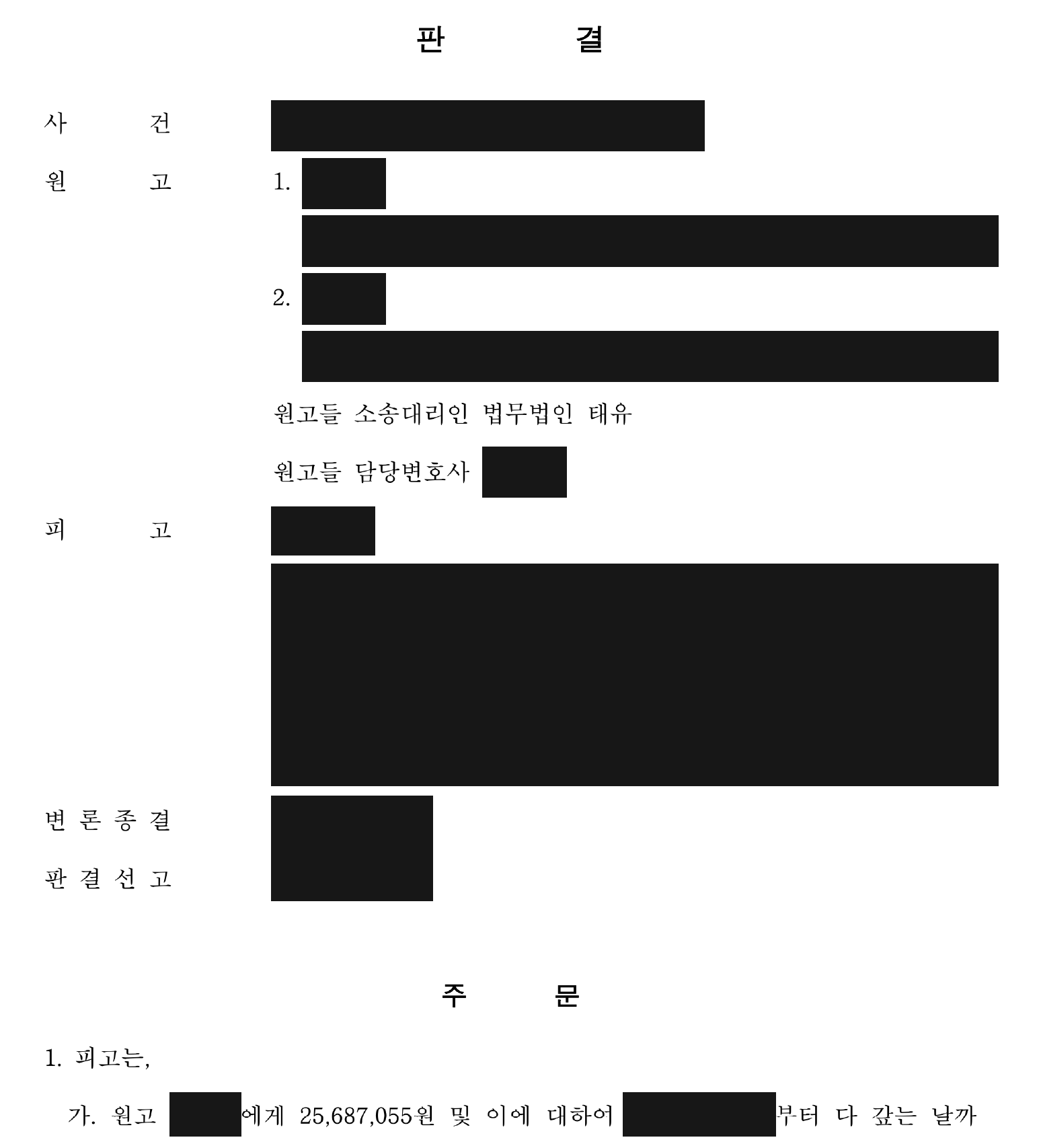 개인정보를 가린 두 근로자 합계 6,700만 1,506원 판결 주문1