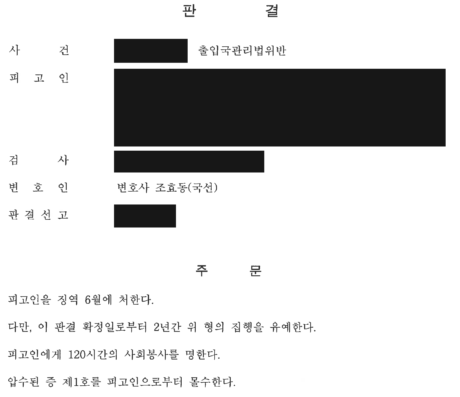 익명 취업자격 없는 외국인 고용 사건 선고 및 부수 명령 전체