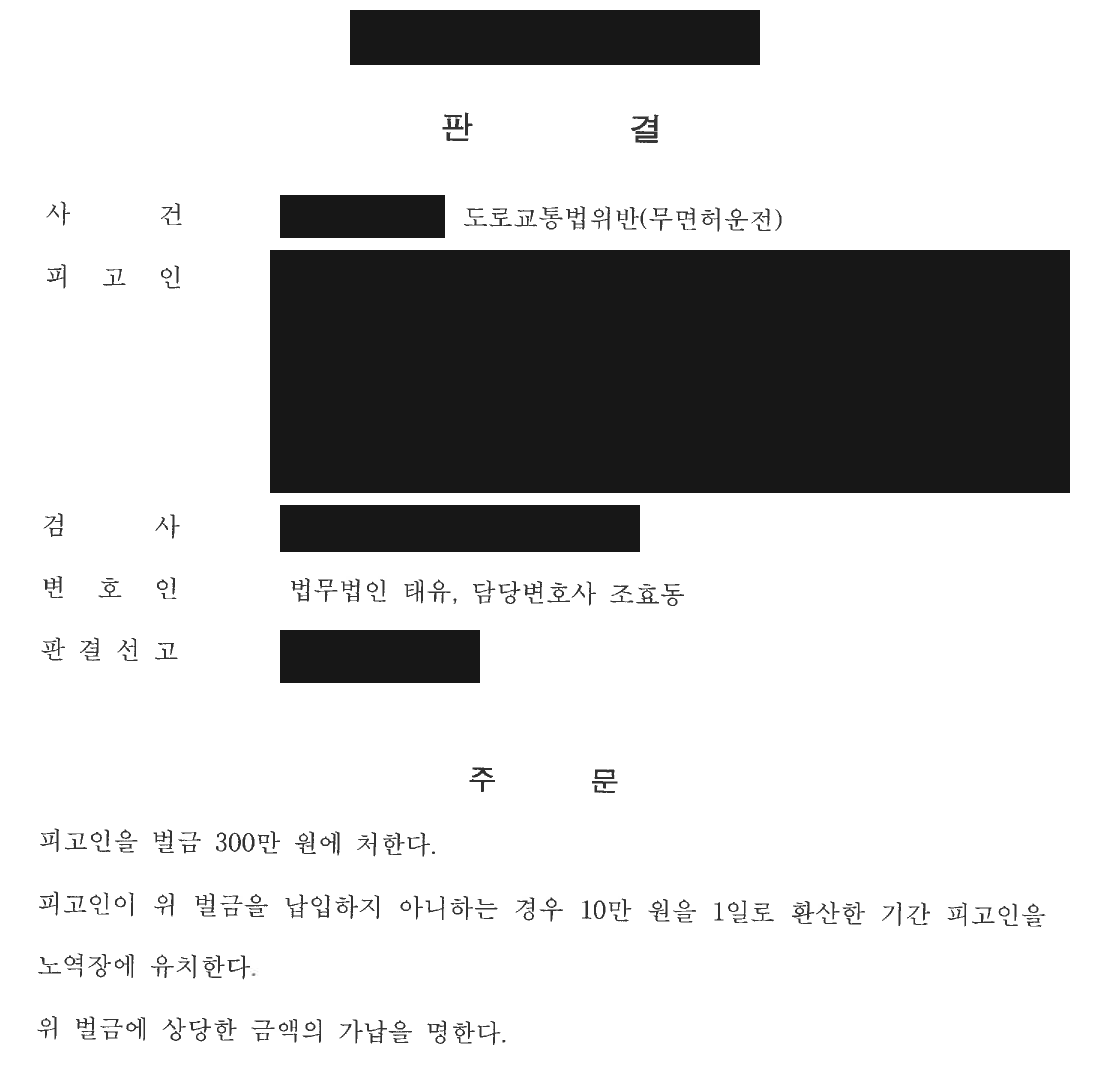 개인정보를 가린 형사 판결문의 선고형 및 부가 명령