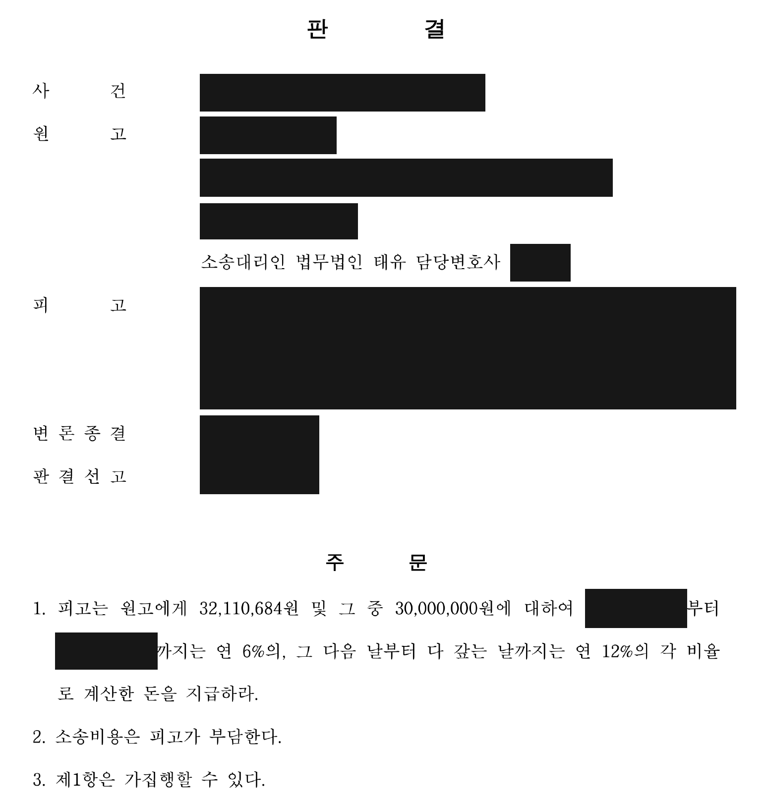 개인정보를 가린 원금·기발생 이자 3,211만 684원 판결 주문1